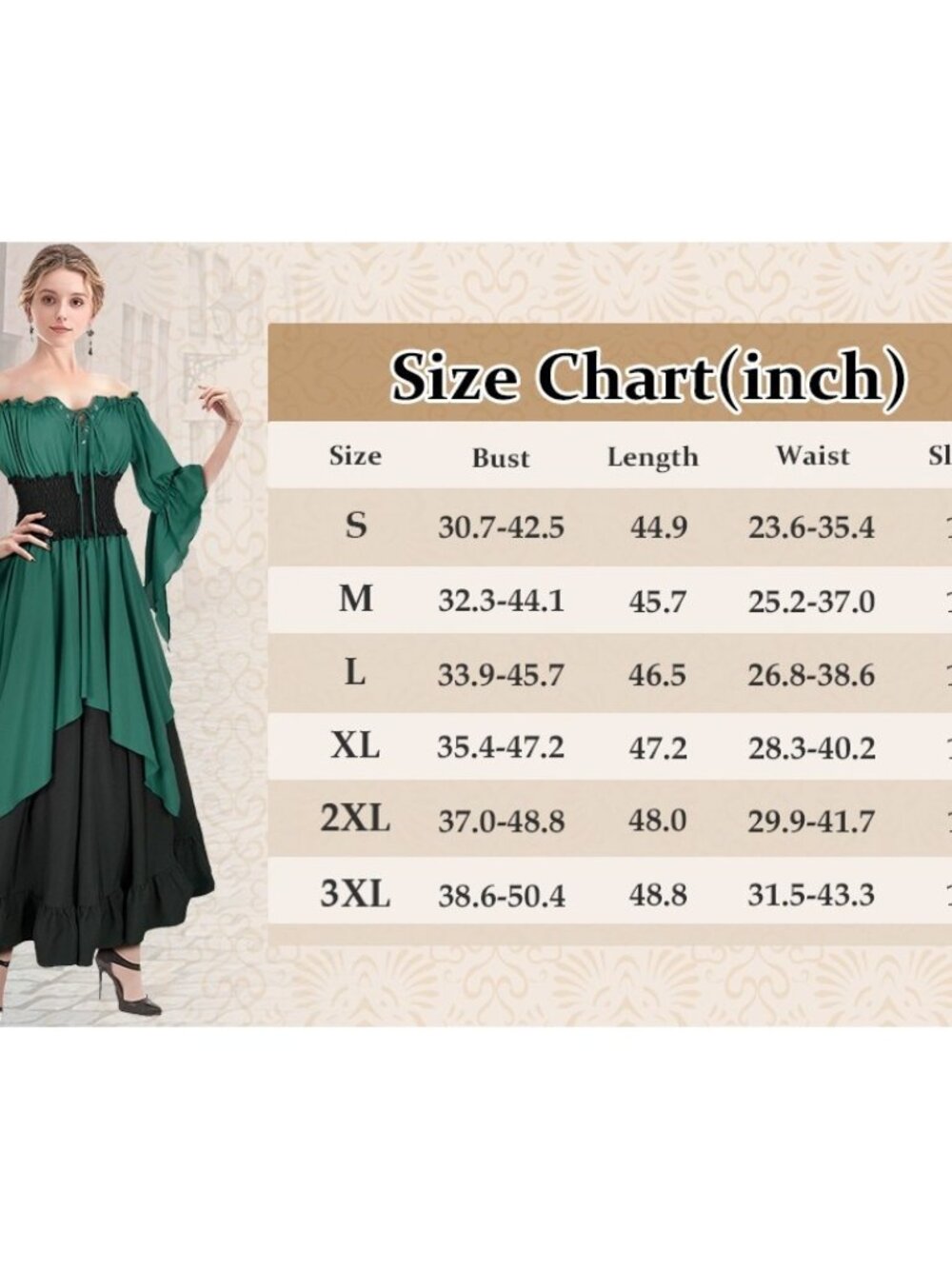 Green Renaissance Dress Medieval Costume Long Sleeve Victorian Women's MEDIUM - Picture 9 of 10